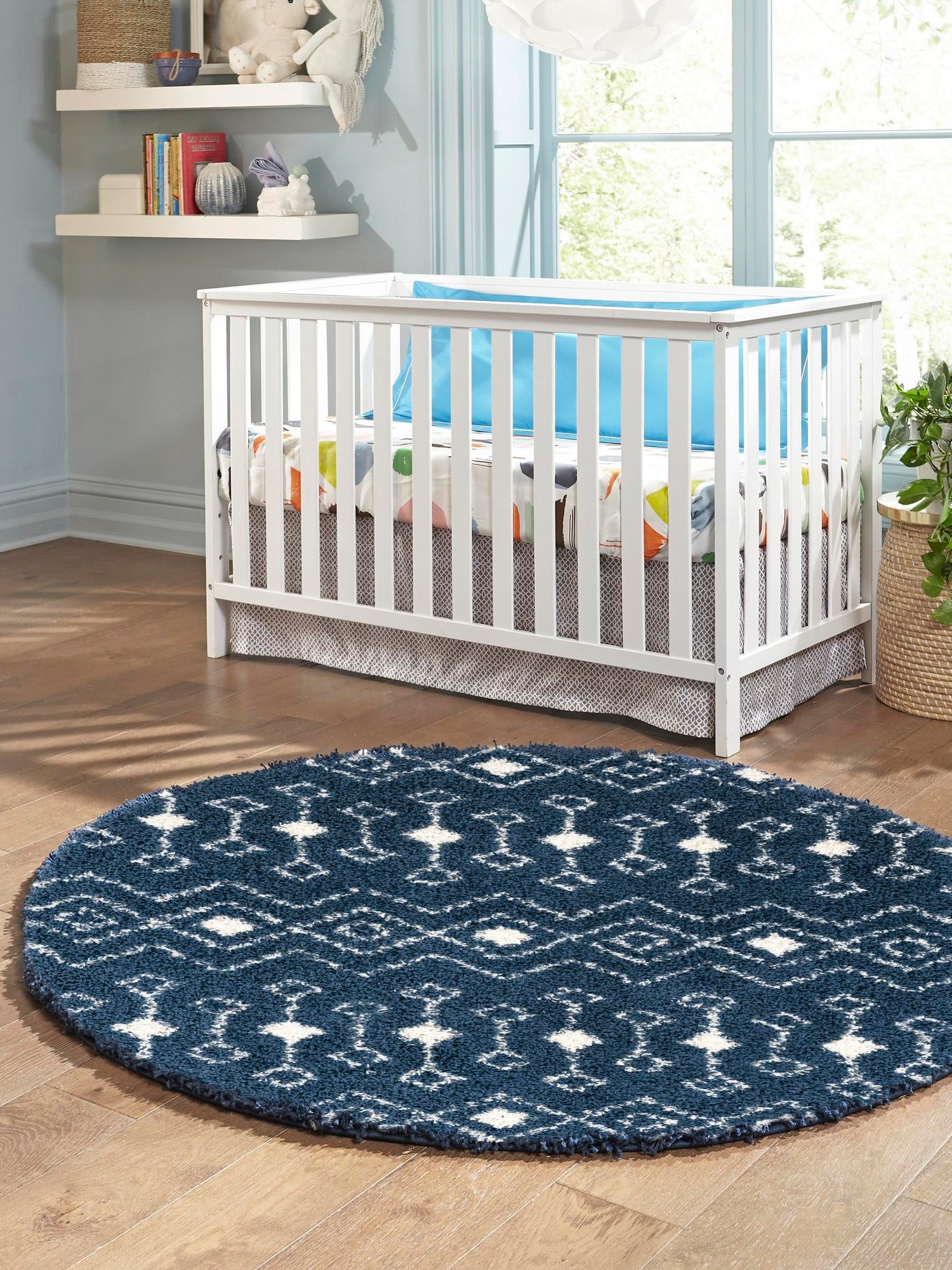 Navy Blue 7' 10 x 7' 10 Moroccan Trellis Shag Round Area Rug Thick Soft Touch Fluffy & Plush Shaggy Pile 100% Polypropylene Geometric Traditional Carpet for Sale at Rug Engine