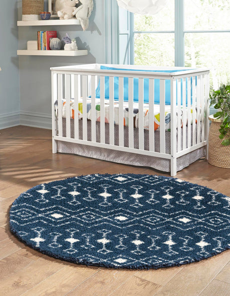 Navy Blue 7' 10 x 7' 10 Moroccan Trellis Shag Round Area Rug Thick Soft Touch Fluffy & Plush Shaggy Pile 100% Polypropylene Geometric Traditional Carpet for Sale at Rug Engine