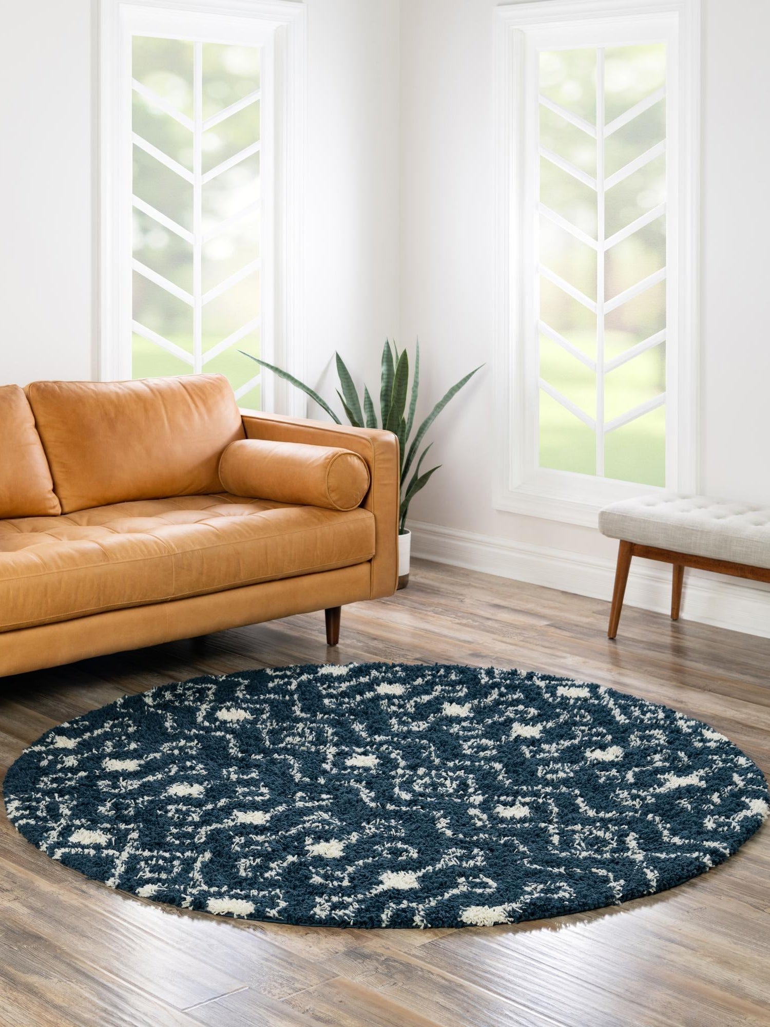 Navy Blue 4' 1 x 4' 1 Moroccan Trellis Shag Round Area Rug Thick Soft Touch Fluffy & Plush Shaggy Pile 100% Polypropylene Geometric Traditional Carpet for Sale at Rug Engine