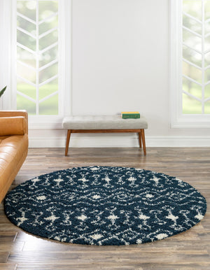 Navy Blue 8' x 8' Moroccan Trellis Shag Round Rug