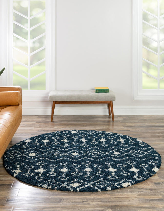 Navy Blue 8' x 8' Moroccan Trellis Shag Round Rug
