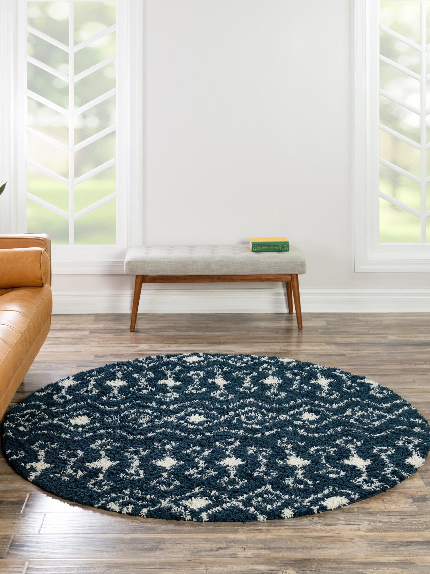 Navy Blue 7' 1 x 7' 1 Moroccan Trellis Shag Round Area Rug Thick Soft Touch Fluffy & Plush Shaggy Pile 100% Polypropylene Geometric Traditional Carpet for Sale at Rug Engine