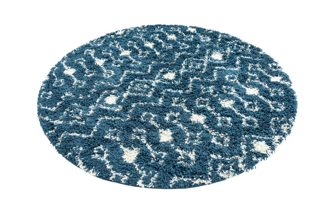 Navy Blue 5' 3 x 5' 3 Moroccan Trellis Shag Round Area Rug Thick Soft Touch Fluffy & Plush Shaggy Pile
