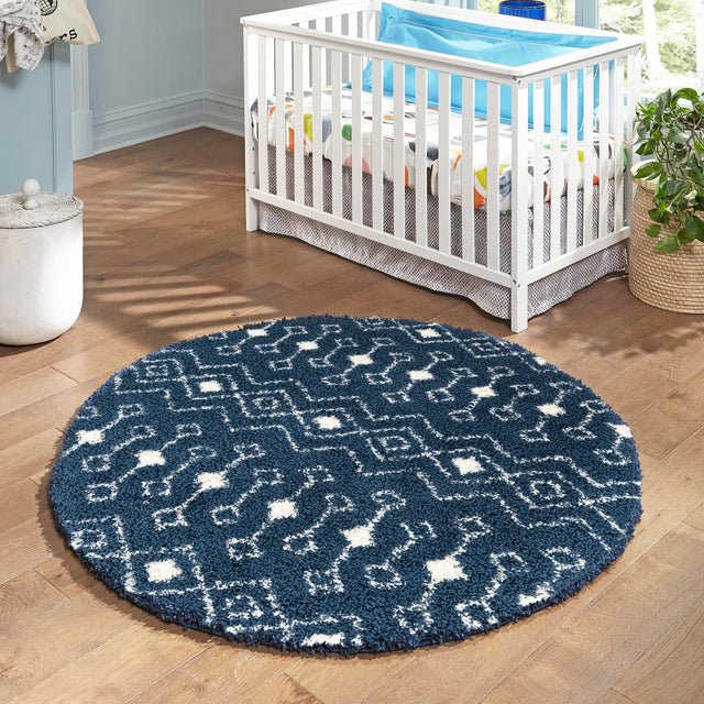 Navy Blue 5' 3 x 5' 3 Moroccan Trellis Shag Round Area Rug Thick Soft Touch Fluffy & Plush Shaggy Pile
