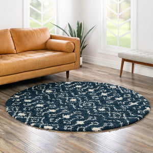 Navy Blue 5' 3 x 5' 3 Moroccan Trellis Shag Round Area Rug Thick Soft Touch Fluffy & Plush Shaggy Pile