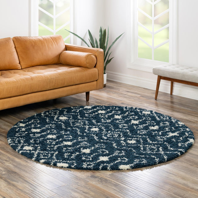 Navy Blue 5' 3 x 5' 3 Moroccan Trellis Shag Round Area Rug Thick Soft Touch Fluffy & Plush Shaggy Pile