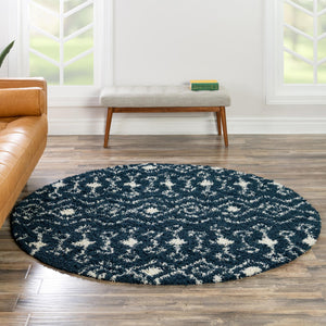 Navy Blue 5' 3 x 5' 3 Moroccan Trellis Shag Round Area Rug Thick Soft Touch Fluffy & Plush Shaggy Pile