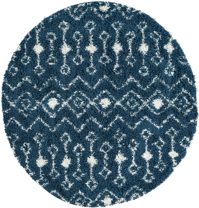 Navy Blue 5' 3 x 5' 3 Moroccan Trellis Shag Round Area Rug Thick Soft Touch Fluffy & Plush Shaggy Pile