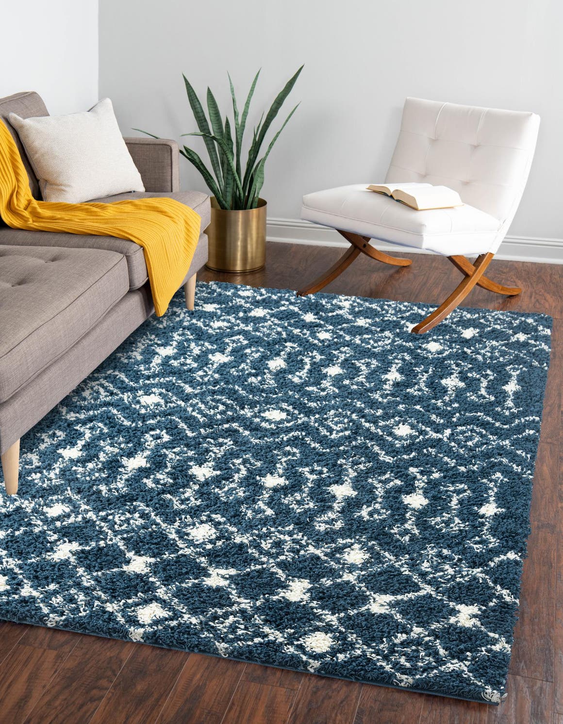 Navy Blue 6' 1 x 9' Moroccan Trellis Shag Rectangle Area Rug Thick Soft Touch Fluffy & Plush Shaggy Pile 100% Polypropylene Geometric Traditional Carpet for Sale at Rug Engine