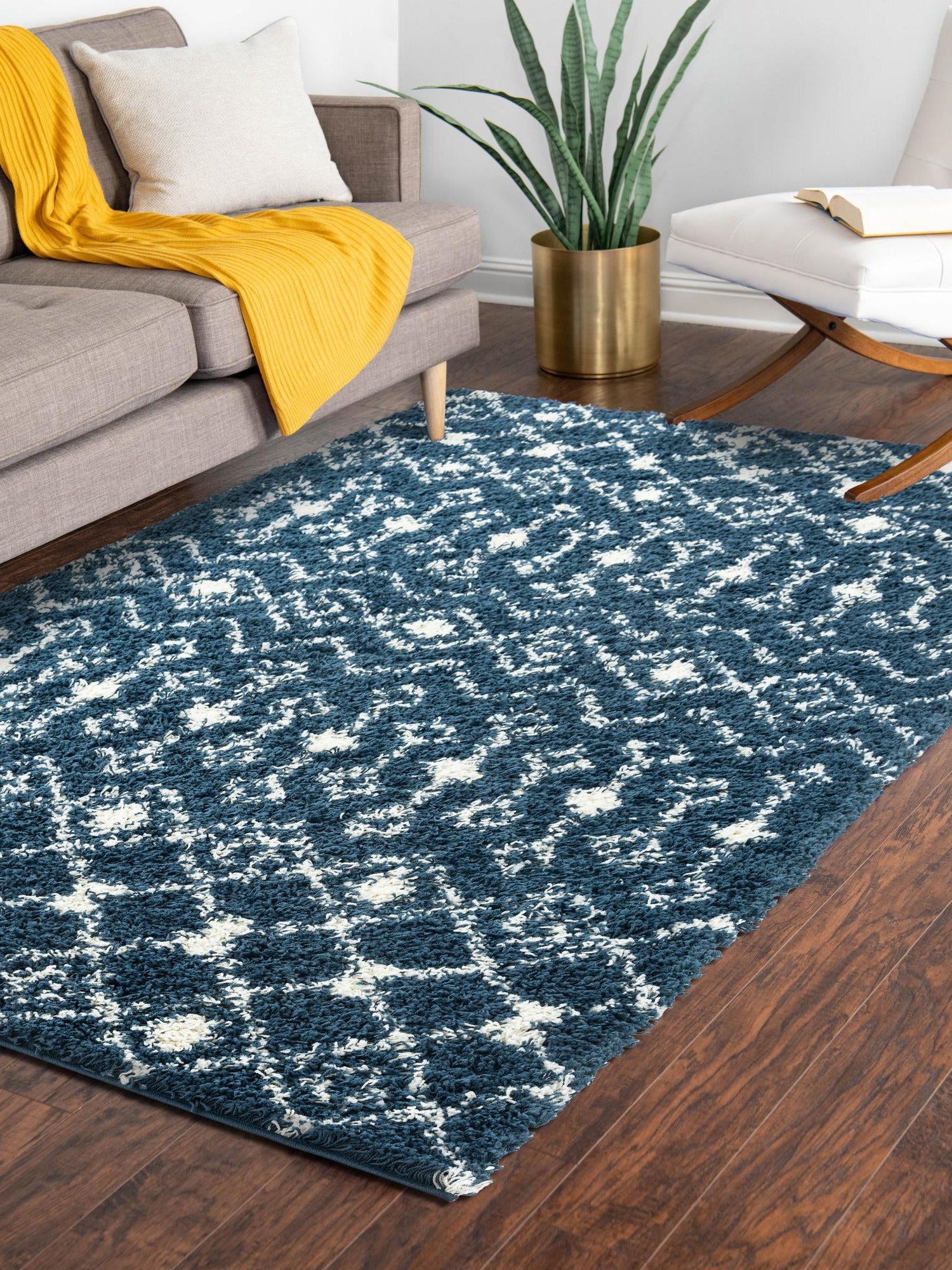 Navy Blue 4' 1 x 6' 1 Moroccan Trellis Shag Rectangle Area Rug Thick Soft Touch Fluffy & Plush Shaggy Pile 100% Polypropylene Geometric Traditional Carpet for Sale at Rug Engine