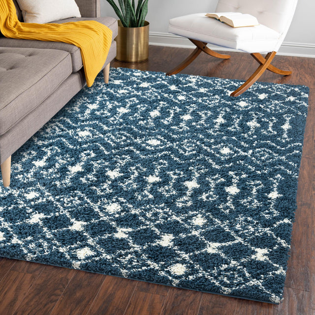 Navy Blue 5' 3 x 8' Moroccan Trellis Shag Rectangle Area Rug Thick Soft Touch Fluffy & Plush Shaggy Pile