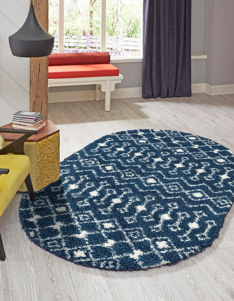 Navy Blue 5' 3 x 8' Moroccan Trellis Shag Oval Rug