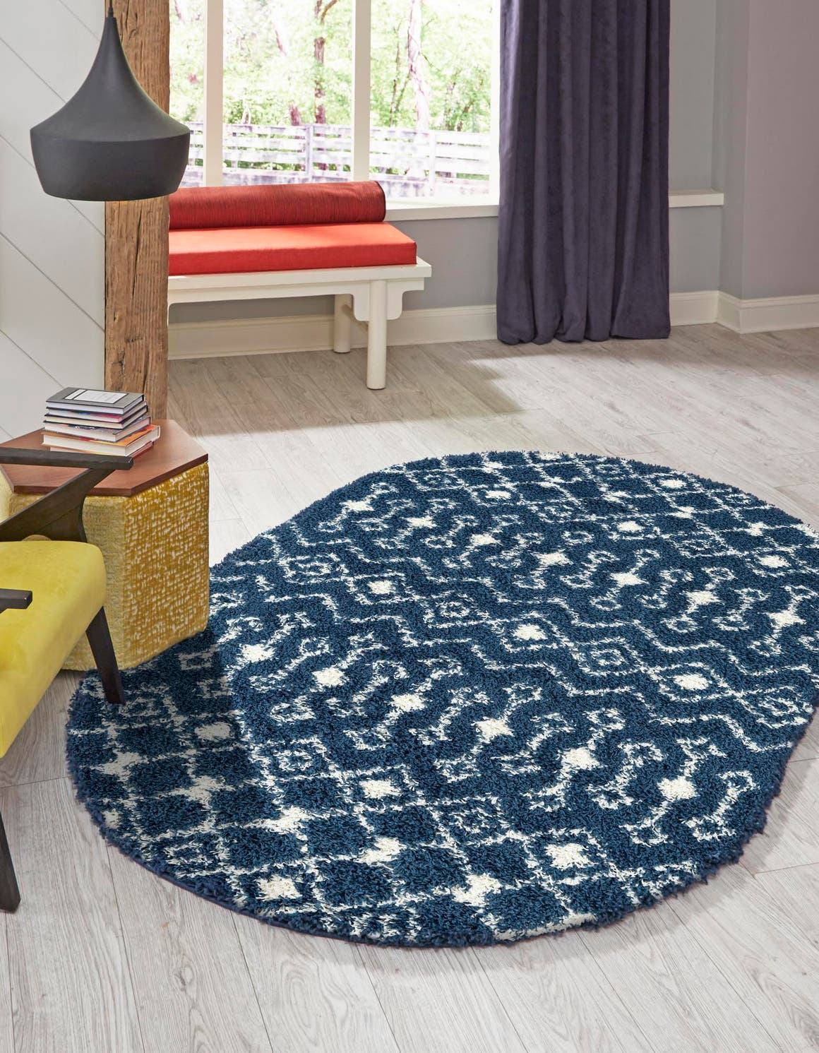 Navy Blue 4' 1 x 6' 1 Moroccan Trellis Shag Oval Area Rug Thick Soft Touch Fluffy & Plush Shaggy Pile 100% Polypropylene Geometric Traditional Carpet for Sale at Rug Engine