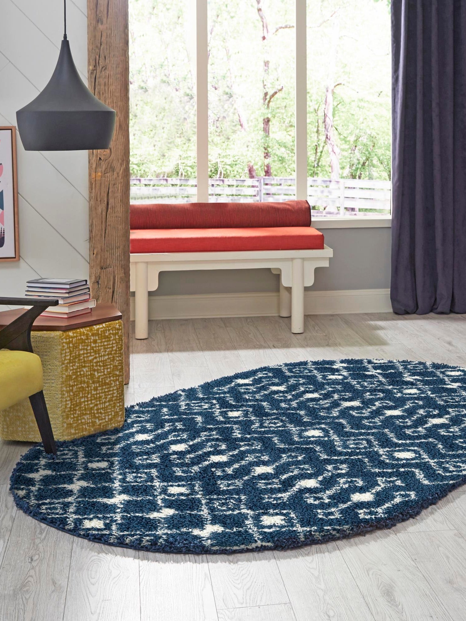 Navy Blue 5' 3 x 8' Moroccan Trellis Shag Oval Area Rug Thick Soft Touch Fluffy & Plush Shaggy Pile 100% Polypropylene Geometric Traditional Carpet for Sale at Rug Engine