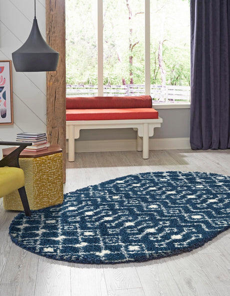 Navy Blue 5' 3 x 8' Moroccan Trellis Shag Oval Area Rug Thick Soft Touch Fluffy & Plush Shaggy Pile 100% Polypropylene Geometric Traditional Carpet for Sale at Rug Engine