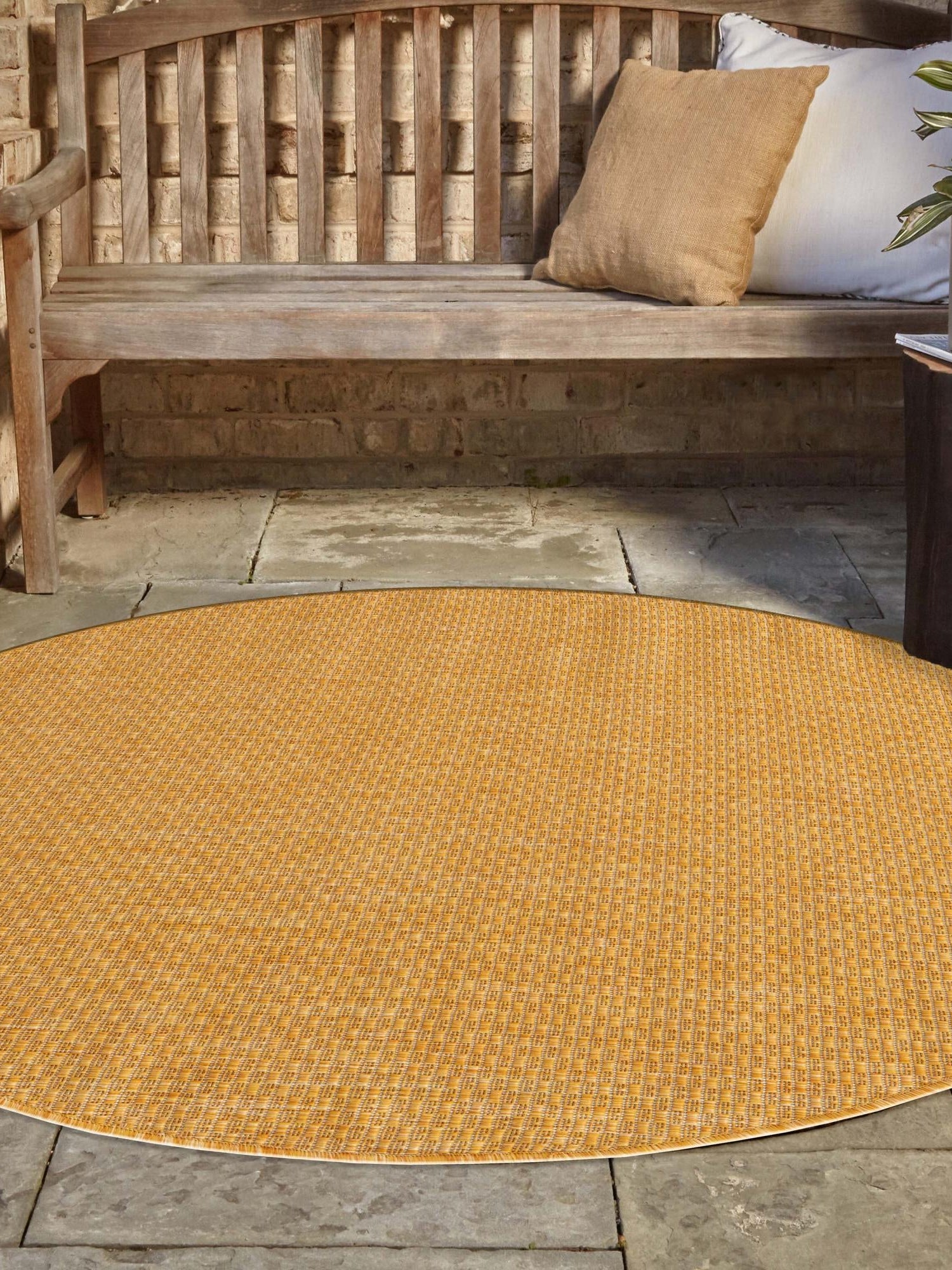 Corn Harvest Yellow 7' 10 x 7' 10 Outdoor Solid Round Area Rug Weather Resistant for Patio, Deck, Terrace, Balcony, Porch 100% Polypropylene Minimalist Waterproof Carpet for Sale at Rug Engine