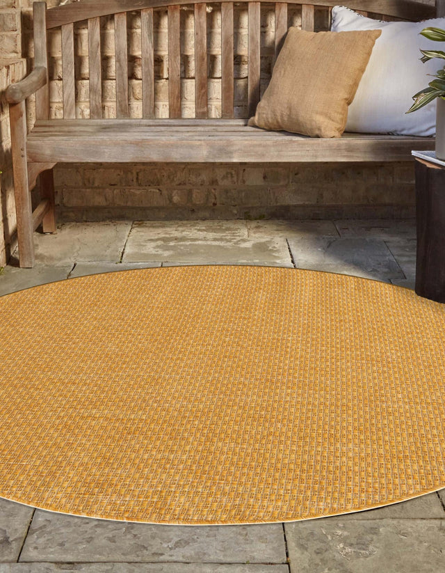 Corn Harvest Yellow 7' 10 x 7' 10 Outdoor Solid Round Area Rug Weather Resistant for Patio, Deck, Terrace, Balcony, Porch 100% Polypropylene Minimalist Waterproof Carpet for Sale at Rug Engine