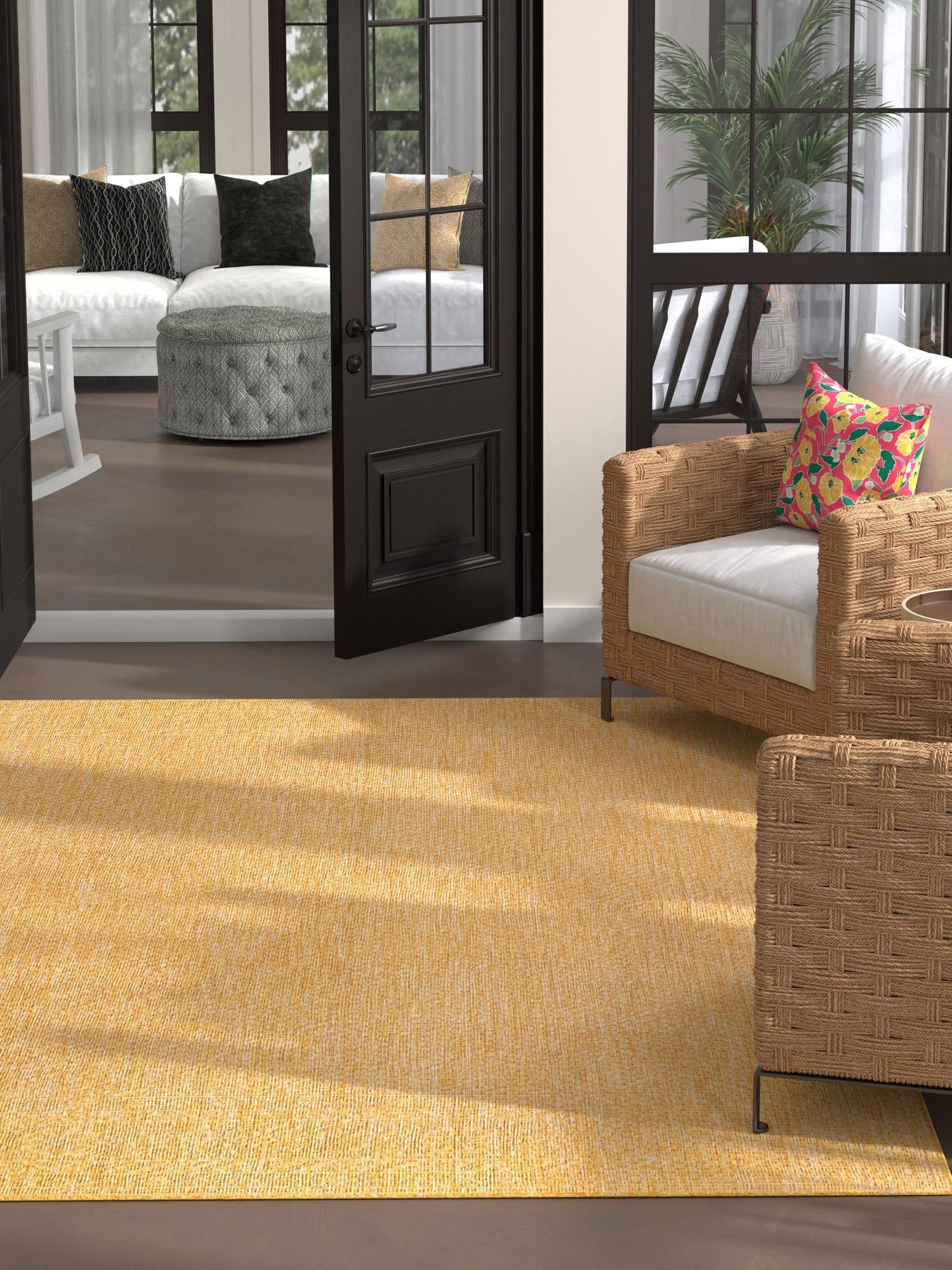 Corn Harvest Yellow 7' 10 x 7' 10 Outdoor Solid Square Area Rug Weather Resistant for Patio, Deck, Terrace, Balcony, Porch 100% Polypropylene Minimalist Waterproof Carpet for Sale at Rug Engine