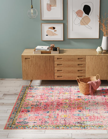 Pink 5' 3 x 5' 3 Monterey Square Area Rug 100% Polypropylene Colorful Easy Clean Traditional Carpet for Living Room, Bedrooms, Dining, Kitchen for Sale at Rug Engine