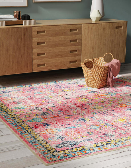 Pink 5' 3 x 5' 3 Monterey Square Area Rug 100% Polypropylene Colorful Easy Clean Traditional Carpet for Living Room, Bedrooms, Dining, Kitchen for Sale at Rug Engine