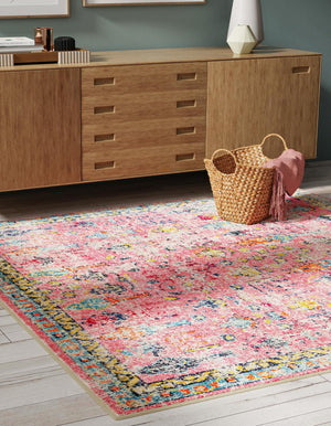 Pink 7' 10 x 7' 10 Monterey Square Area Rug 100% Polypropylene Colorful Easy Clean Traditional Carpet for Living Room, Bedrooms, Dining, Kitchen for Sale at Rug Engine