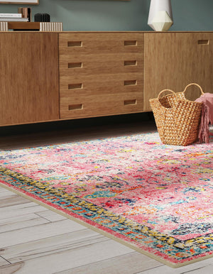 Pink 7' 10 x 7' 10 Monterey Square Area Rug 100% Polypropylene Colorful Easy Clean Traditional Carpet for Living Room, Bedrooms, Dining, Kitchen for Sale at Rug Engine