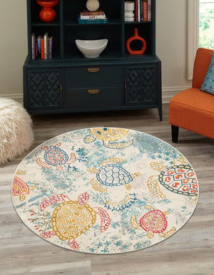 Beige 7' 10 x 7' 10 Positano Round Area Rug Coastal Marine Beach Design Carpet for Modern Living Rooms, Dining, Bedroom, Office for Sale at Rug Engine