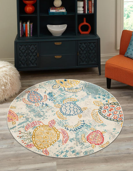 Beige 10' x 10' Positano Round Area Rug Coastal Marine Beach Design Carpet for Modern Living Rooms, Dining, Bedroom, Office for Sale at Rug Engine