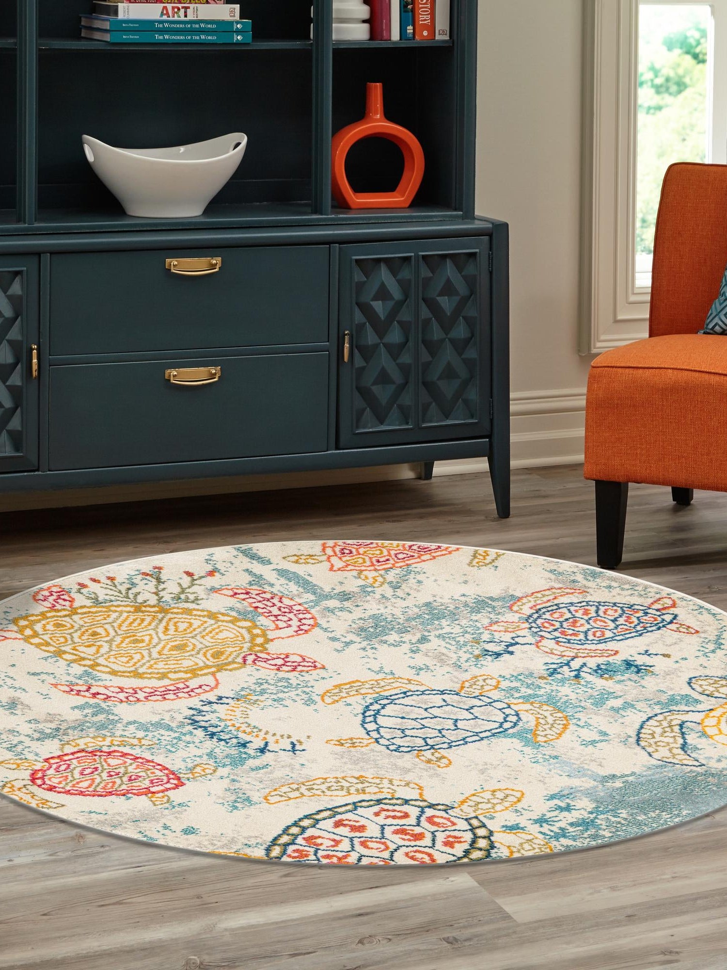 Beige 5' 3 x 5' 3 Positano Round Area Rug Coastal Marine Beach Design Carpet for Modern Living Rooms, Dining, Bedroom, Office for Sale at Rug Engine