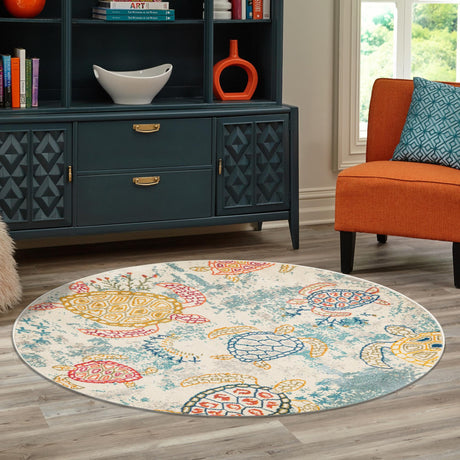 Beige 6' 1 x 6' 1 Positano Round Area Rug Coastal Marine Beach Design Carpet for Modern Living Rooms, Dining, Bedroom, Office for Sale at Rug Engine