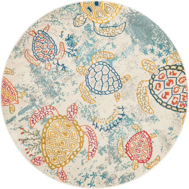 Beige 5' 3 x 5' 3 Positano Round Area Rug Coastal Marine Beach Design Carpet for Modern Living Rooms, Dining, Bedroom, Office for Sale at Rug Engine