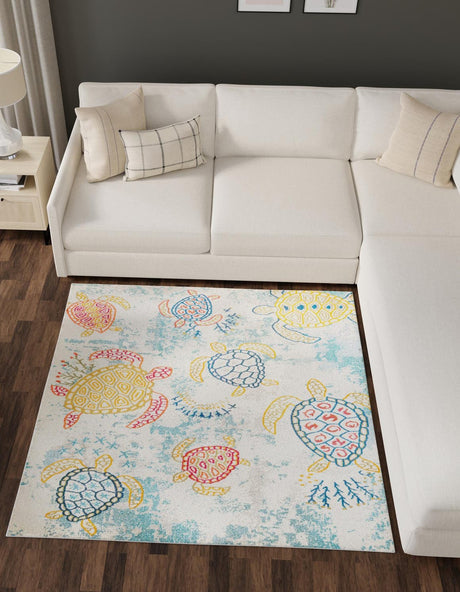 Beige 10' x 10' Positano Square Area Rug Coastal Marine Beach Design Carpet for Modern Living Rooms, Dining, Bedroom, Office for Sale at Rug Engine