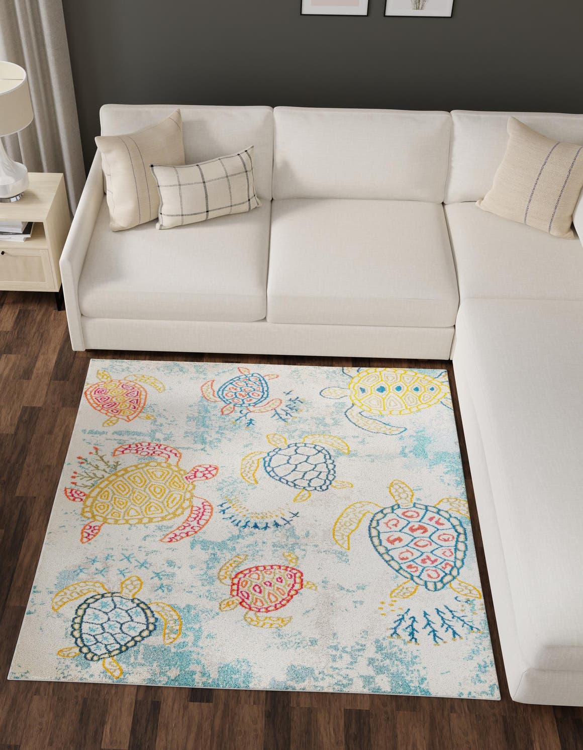 Beige 5' 3 x 5' 3 Positano Square Area Rug Coastal Marine Beach Design Carpet for Modern Living Rooms, Dining, Bedroom, Office for Sale at Rug Engine