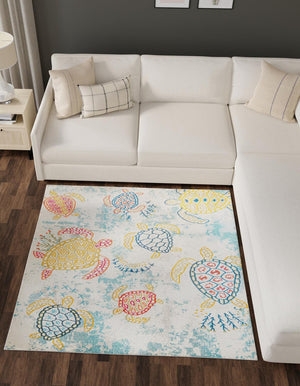 Beige 5' 3 x 5' 3 Positano Square Area Rug Coastal Marine Beach Design Carpet for Modern Living Rooms, Dining, Bedroom, Office for Sale at Rug Engine