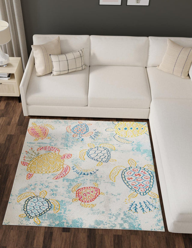 Beige 5' 3 x 5' 3 Positano Square Area Rug Coastal Marine Beach Design Carpet for Modern Living Rooms, Dining, Bedroom, Office for Sale at Rug Engine