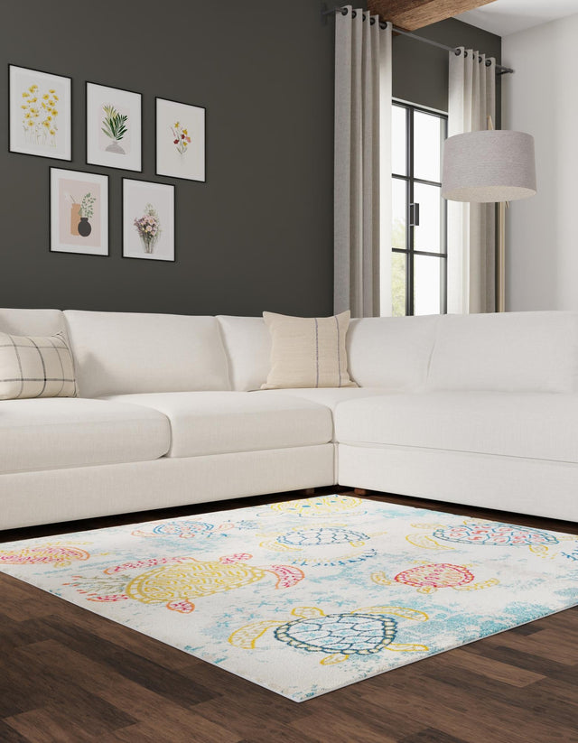 Beige 5' 3 x 5' 3 Positano Square Area Rug Coastal Marine Beach Design Carpet for Modern Living Rooms, Dining, Bedroom, Office for Sale at Rug Engine