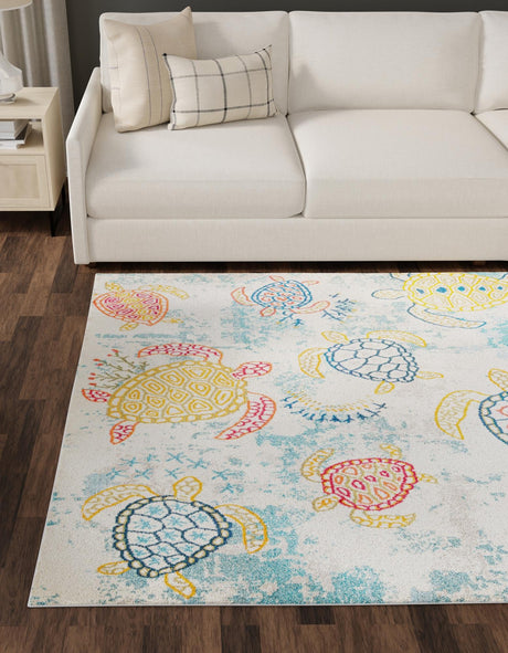 Beige 4' 1 x 4' 1 Positano Square Area Rug Coastal Marine Beach Design Carpet for Modern Living Rooms, Dining, Bedroom, Office for Sale at Rug Engine