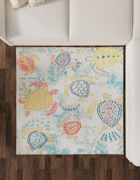 Beige 7' 10 x 7' 10 Positano Square Area Rug Coastal Marine Beach Design Carpet for Modern Living Rooms, Dining, Bedroom, Office for Sale at Rug Engine