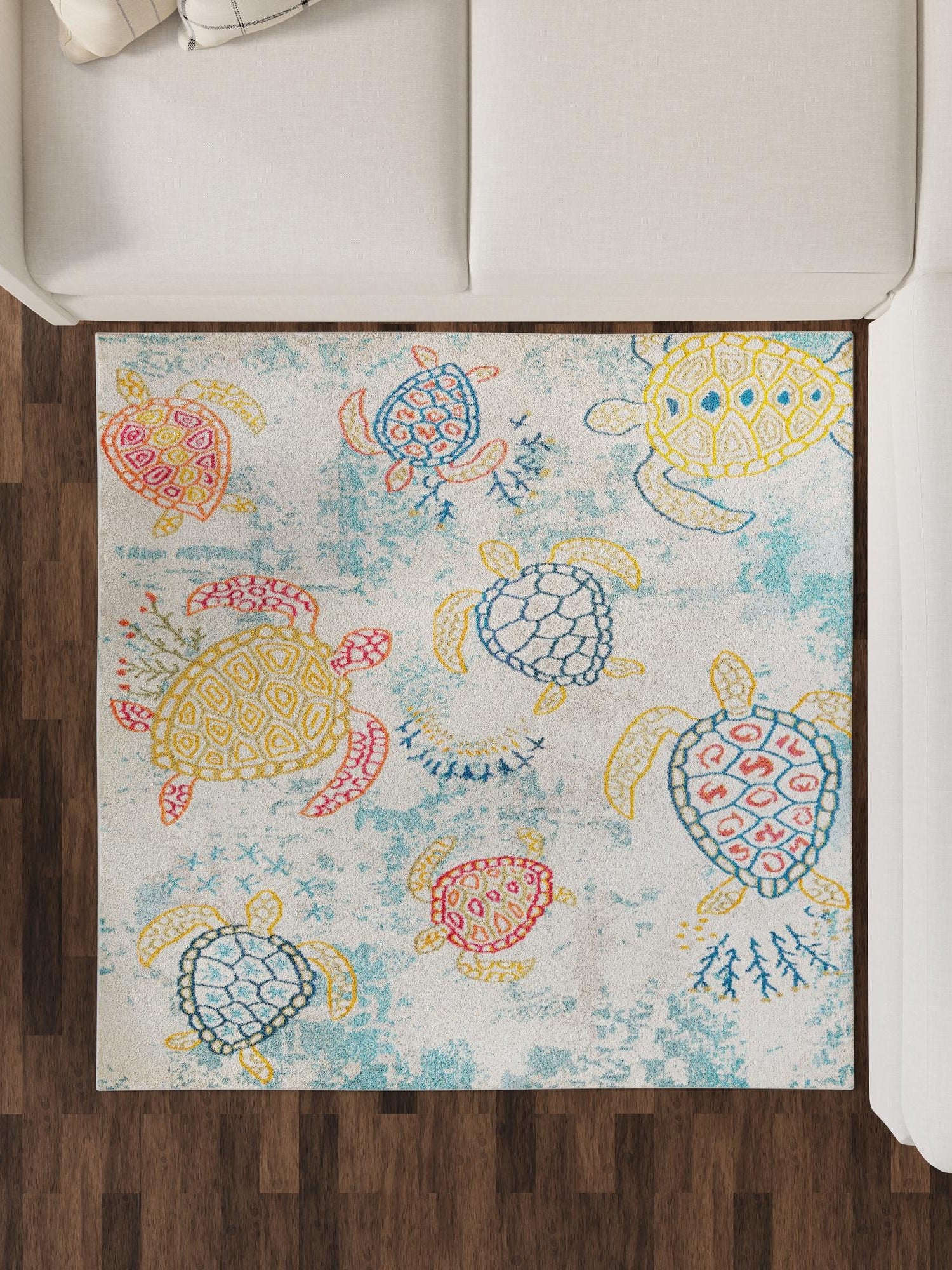 Beige 5' 3 x 5' 3 Positano Square Area Rug Coastal Marine Beach Design Carpet for Modern Living Rooms, Dining, Bedroom, Office for Sale at Rug Engine