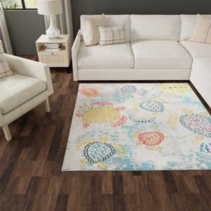 Beige 6' 1 x 6' 1 Positano Square Area Rug Coastal Marine Beach Design Carpet for Modern Living Rooms, Dining, Bedroom, Office for Sale at Rug Engine