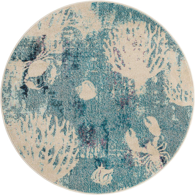 Light Blue 4' 1 x 4' 1 Positano Round Area Rug Coastal Marine Beach Design Carpet for Modern Living Rooms, Dining, Bedroom, Office for Sale at Rug Engine