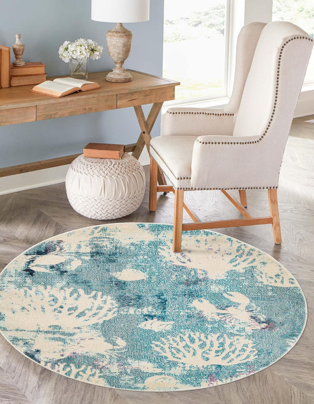 Light Blue 6' 1 x 6' 1 Positano Round Area Rug Coastal Marine Beach Design Carpet for Modern Living Rooms, Dining, Bedroom, Office for Sale at Rug Engine