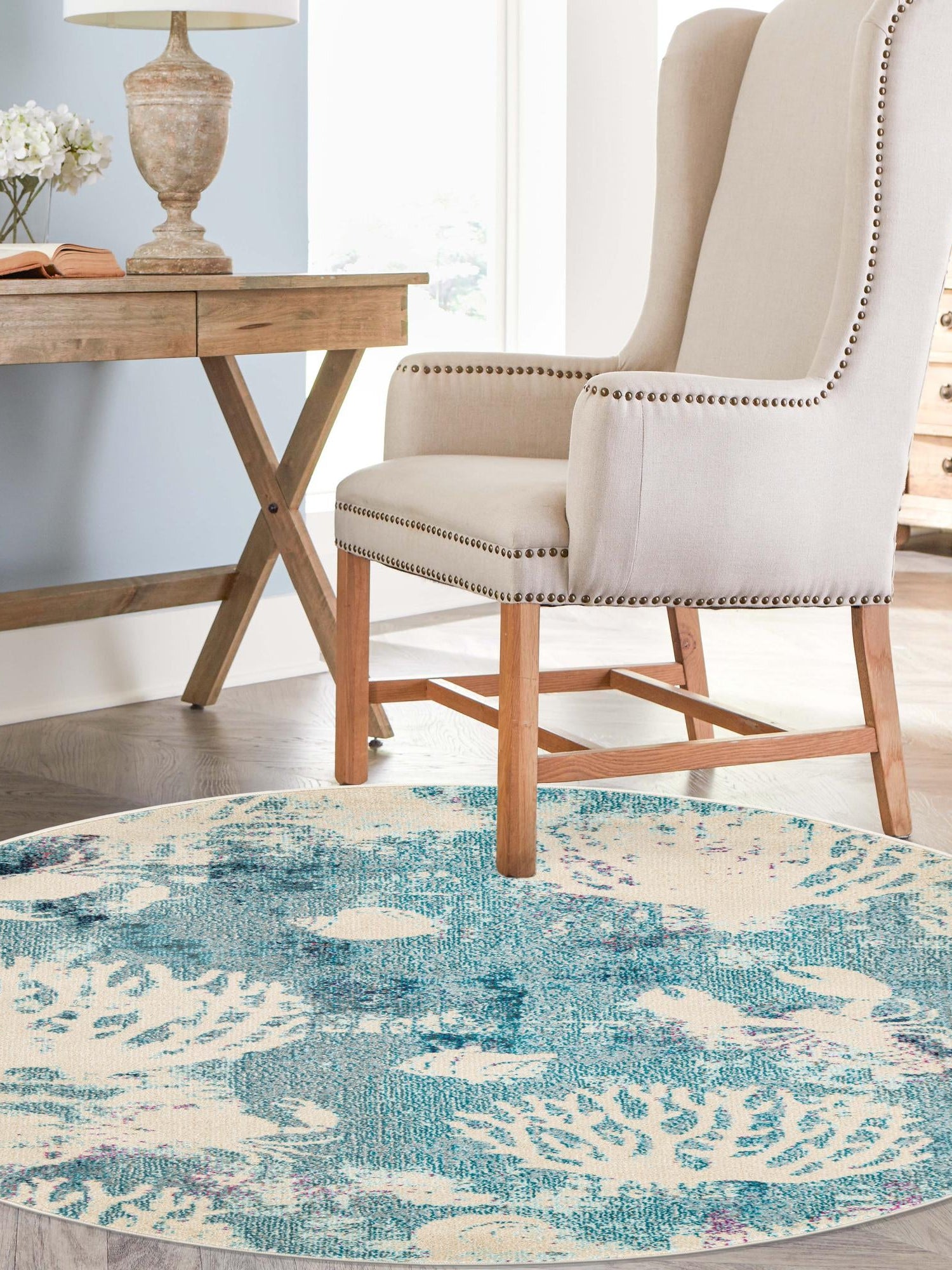 Light Blue 7' 1 x 7' 1 Positano Round Area Rug Coastal Marine Beach Design Carpet for Modern Living Rooms, Dining, Bedroom, Office for Sale at Rug Engine
