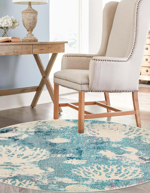 Light Blue 6' 1 x 6' 1 Positano Round Area Rug Coastal Marine Beach Design Carpet for Modern Living Rooms, Dining, Bedroom, Office for Sale at Rug Engine