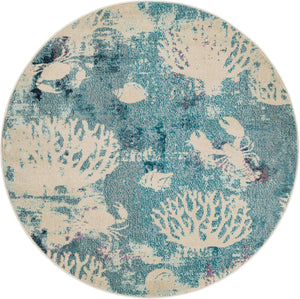 Light Blue 5' 3 x 5' 3 Positano Round Area Rug Coastal Marine Beach Design Carpet for Modern Living Rooms, Dining, Bedroom, Office for Sale at Rug Engine
