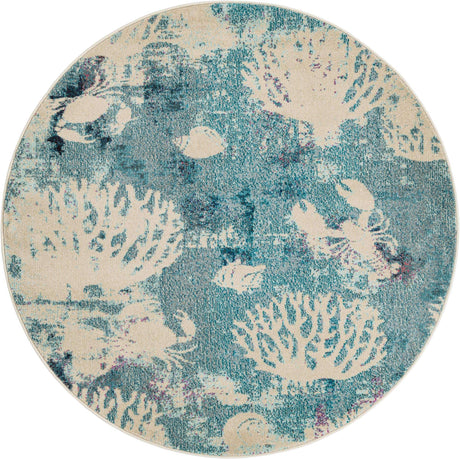 Light Blue 5' 3 x 5' 3 Positano Round Area Rug Coastal Marine Beach Design Carpet for Modern Living Rooms, Dining, Bedroom, Office for Sale at Rug Engine