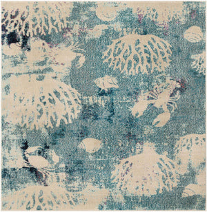 Light Blue 5' 3 x 5' 3 Positano Square Area Rug Coastal Marine Beach Design Carpet for Modern Living Rooms, Dining, Bedroom, Office for Sale at Rug Engine