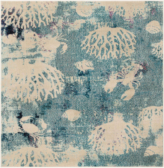 Light Blue 5' 3 x 5' 3 Positano Square Area Rug Coastal Marine Beach Design Carpet for Modern Living Rooms, Dining, Bedroom, Office for Sale at Rug Engine