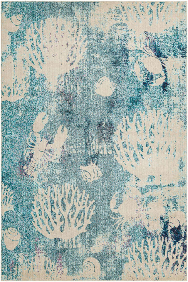 Light Blue 6' 1 x 9' Positano Rectangle Area Rug Coastal Marine Beach Design Carpet for Modern Living Rooms, Dining, Bedroom, Office for Sale at Rug Engine