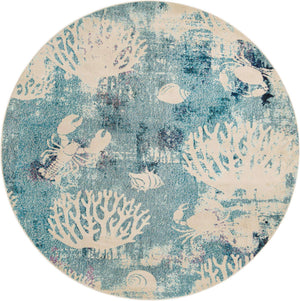 Light Blue 7' 10 x 7' 10 Positano Round Area Rug Coastal Marine Beach Design Carpet for Modern Living Rooms, Dining, Bedroom, Office for Sale at Rug Engine